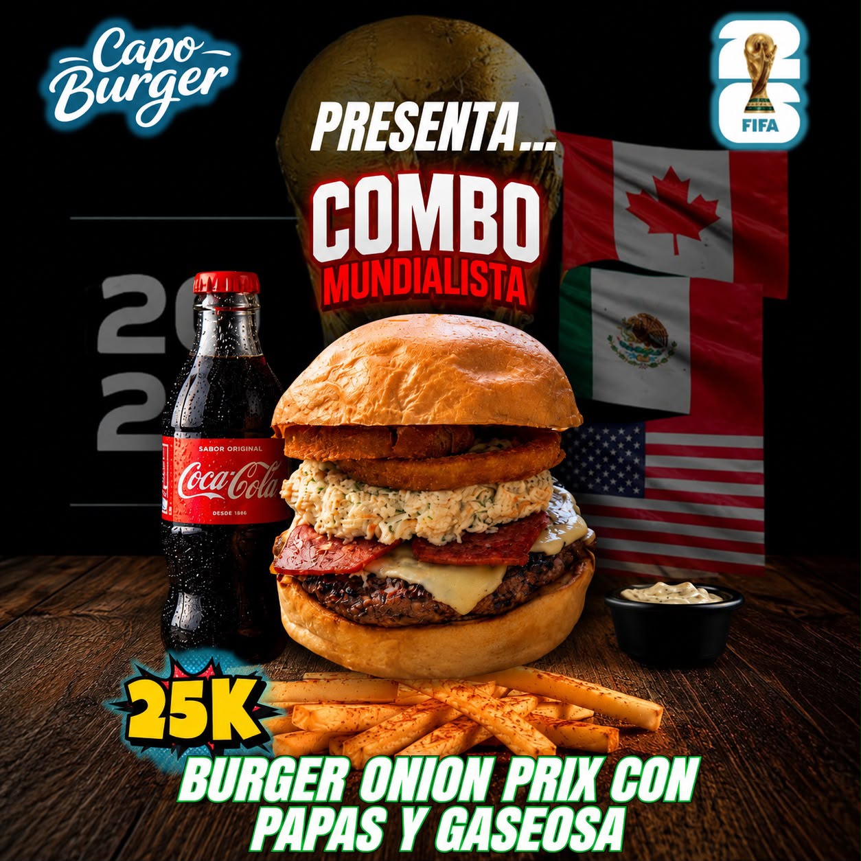Combo Burger Onion Prix con papas y gaseosa